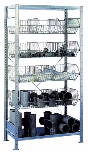 Grundregal, Drahtgitterkorbregal MULTIplus150, 2000 x 1000 x 500 mm (HxBxT), verzinkt, 2 Fachböden, 4 Stück Drahtgitterkörbe aus der Kategorie Kleinteilelagerung mit der GTIN 4004514208965 Grundregal, Drahtgitterkorbregal MULTIplus150, 2000 x 1000 x 500 mm (HxBxT), verzinkt, 2 Fachböden, 4 Stück Drahtgitterkörbe von der Marke Schulte Lagertechnik aus der Produktreihe Fachbodenregale