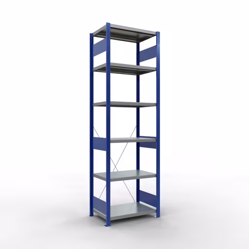 Grundregal, Fachbodenregal Stecksystem MULTIplus250, 2500 x 750 x 500 mm (HxBxT), 6 Fachböden, Kreuzstrebe, RAL 5010 enzianblau/verzinkt/verzinkt aus der Kategorie Grundregal mit der Artikelnummer 12951-75-B