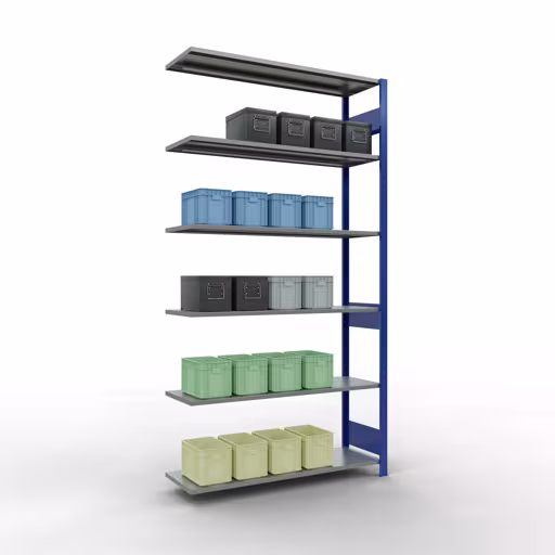 Produktbild Nr.13 des Artikels Anbauregal, Fachbodenregal Stecksystem MULTIplus150, 2500 x 1300 x 400 mm (HxBxT), 6 Fachböden, Längenriegel, RAL 5010 enzianblau/verzinkt aus der Produktreihe Stecksystem von der Marke Schulte Lagertechnik