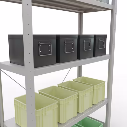 Abbildung Nr 8 des Artikels Grundregal, Fachbodenregal Stecksystem MULTIplus330, 2000 x 1000 x 400 mm (HxBxT), 5 Fachböden, Kreuzstrebe, RAL 7035 lichtgrau aus der Produktgruppe Stecksystem von der Marke Schulte Lagertechnik