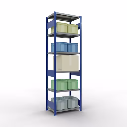 Grundregal, Fachbodenregal Stecksystem MULTIplus250, 2500 x 750 x 500 mm (HxBxT), 6 Fachböden, Längenriegel, RAL 5010 enzianblau/verzinkt/verzinkt von Schulte Lagertechnik mit der Artikelnr. 12951-75-LR-B