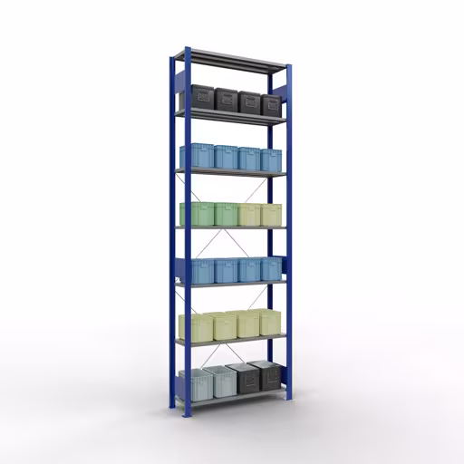 Produktbild Nr.6 des Artikels Grundregal, Fachbodenregal Stecksystem MULTIplus150, 3000 x 1000 x 300 mm (HxBxT), 7 Fachböden, Kreuzstrebe, RAL 5010/verzinkt aus der Produktreihe Stecksystem von der Marke Schulte Lagertechnik