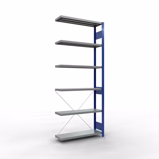 Anbauregal, Fachbodenregal Stecksystem MULTIplus250, 2500 x 1000 x 300 mm (HxBxT), 6 Fachböden, Kreuzstrebe, RAL 5010 enzianblau/verzinkt aus der Kategorie Anbauregal mit der Artikelnummer 12936-B