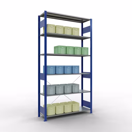 Grundregal, Fachbodenregal Stecksystem MULTIplus150, 2500 x 1300 x 400 mm (HxBxT), 6 Fachböden, Kreuzstrebe, RAL 5010 enzianblau/verzinkt von Schulte Lagertechnik aus der Kategorie Stecksystem