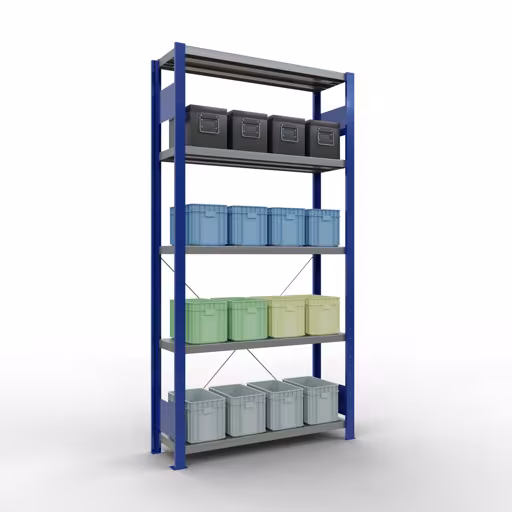 Produktbild Nr.15 des Artikels Grundregal, Fachbodenregal Stecksystem MULTIplus250, 2000 x 1000 x 300 mm (HxBxT), 5 Fachböden, Kreuzstrebe, RAL 5010 enzianblau/verzinkt aus der Produktreihe Stecksystem von der Marke Schulte Lagertechnik