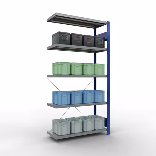 Abbildung Nr 9 des Artikels Anbauregal, Fachbodenregal Stecksystem MULTIplus330, 2000 x 1000 x 400 mm (HxBxT), 5 Fachböden, Kreuzstrebe, RAL 5010 enzianblau/verzinkt aus der Produktgruppe Stecksystem von der Marke Schulte Lagertechnik