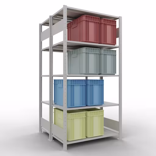 Grundregal, Doppelregal, Fachbodenregal Stecksystem MULTIplus150, 2000 x 1000 x (2x500) mm (HxBxT), 2x5 Fachböden, Längenriegel, RAL 7035 lichtgrau mit der GTIN 4004514269959 Grundregal, Doppelregal, Fachbodenregal Stecksystem MULTIplus150, 2000 x 1000 x (2x500) mm (HxBxT), 2x5 Fachböden, Längenriegel, RAL 7035 lichtgrau von Schulte Lagertechnik mit der Artikelnr. 33150