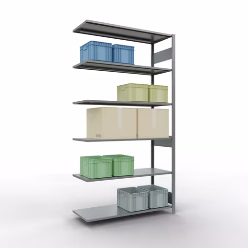 Anbauregal, Fachbodenregal Stecksystem MULTIplus150, 2500 x 1300 x 500 mm (HxBxT), 6 Fachböden, Längenriegel, verzinkt von Schulte Lagertechnik aus der Kategorie Stecksystem