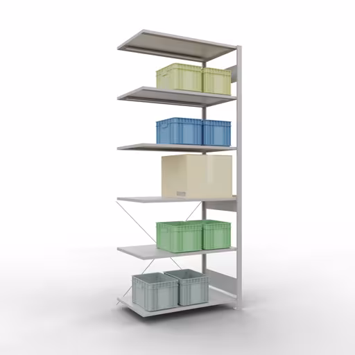 Abbildung Nr 12 des Artikels Anbauregal, Fachbodenregal Stecksystem MULTIplus150, 2500 x 1000 x 600 mm (HxBxT), 6 Fachböden, Kreuzstrebe, RAL 7035 lichtgrau aus der Produktgruppe Stecksystem von der Marke Schulte Lagertechnik