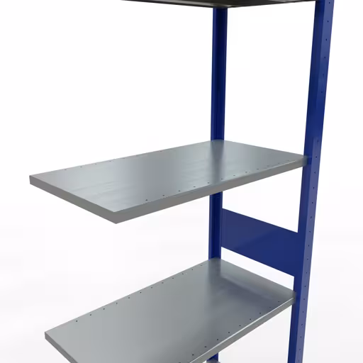 Zusatzbild des Artikels Anbauregal, Fachbodenregal Stecksystem MULTIplus150, 3000 x 750 x 400 mm (HxBxT), 7 Fachböden, Längenriegel, RAL 5010 enzianblau/verzinkt/verzinkt aus Anbauregal