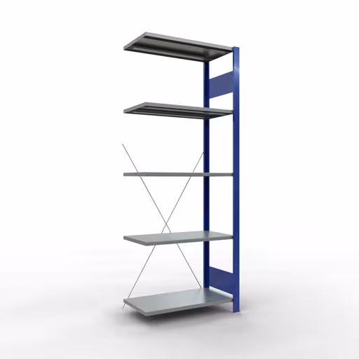 Anbauregal, Fachbodenregal Stecksystem MULTIplus150, 2000 x 750 x 400 mm (HxBxT), 5 Fachböden, Kreuzstrebe, RAL 5010 enzianblau/verzinkt/verzinkt aus der Kategorie Anbauregal mit der Artikelnummer 12745-75-B