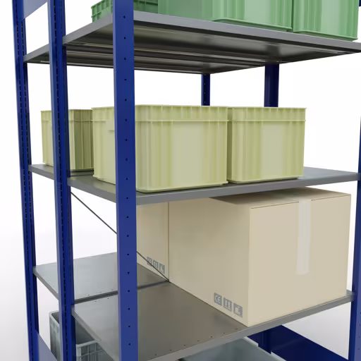 Grundregal, Doppelregal, Fachbodenregal Stecksystem MULTIplus150, 2000 x 1000 x (2x500) mm (HxBxT), 2x5 Fachböden, Kreuzstrebe, RAL 5010 enzianblau von Schulte Lagertechnik aus der Kategorie Fachbodenregale