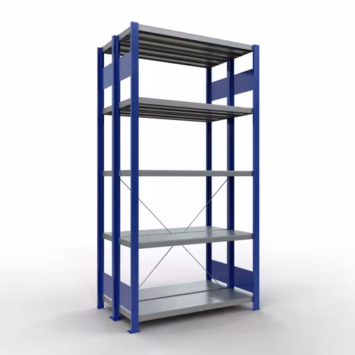 Abbildung Nr 14 des Artikels Grundregal, Doppelregal, Fachbodenregal Stecksystem MULTIplus250, 2000 x 1000 x (2x300) mm (HxBxT), 2x5 Fachböden, Kreuzstrebe, RAL 5010 enzianblau aus der Produktgruppe Fachbodenregale von der Marke Schulte Lagertechnik