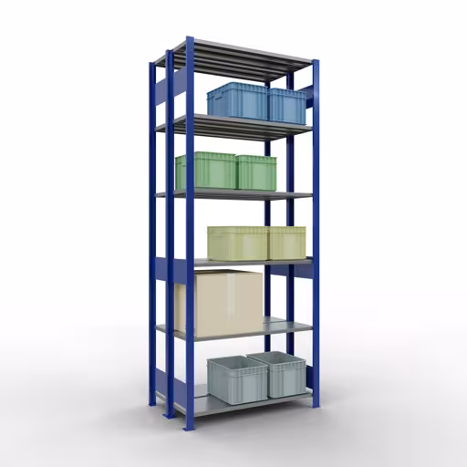 Produktbild Nr.13 des Artikels Grundregal, Doppelregal, Fachbodenregal Stecksystem MULTIplus150, 2500 x 1000 x (2x300) mm (HxBxT), 2x6 Fachböden, Längenriegel, RAL 5010 enzianblau aus der Produktreihe Fachbodenregale von der Marke Schulte Lagertechnik