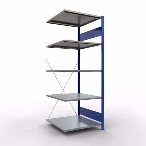 Anbauregal, Fachbodenregal Stecksystem MULTIplus150, 2000 x 750 x 800 mm (HxBxT), 5 Fachböden, Kreuzstrebe, RAL 5010 enzianblau/verzinkt/verzinkt aus der Kategorie Anbauregal mit der Artikelnummer 12785-75-B