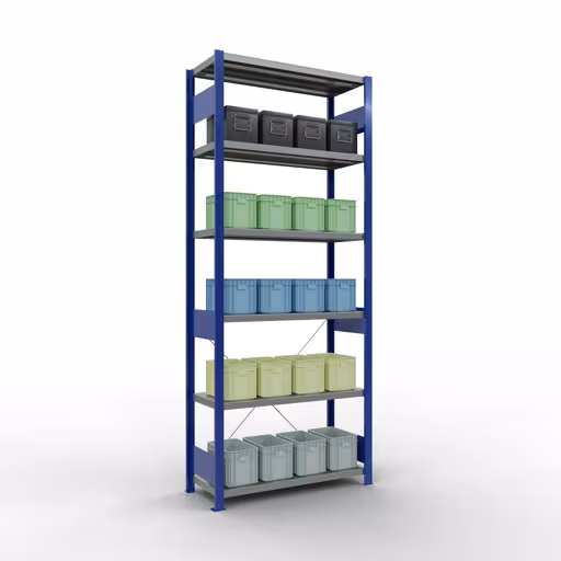 Abbildung Nr 12 des Artikels Grundregal, Fachbodenregal Stecksystem MULTIplus330, 2500 x 1000 x 400 mm (HxBxT), 6 Fachböden, Kreuzstrebe, RAL 5010 enzianblau/verzinkt aus der Produktgruppe Stecksystem von der Marke Schulte Lagertechnik