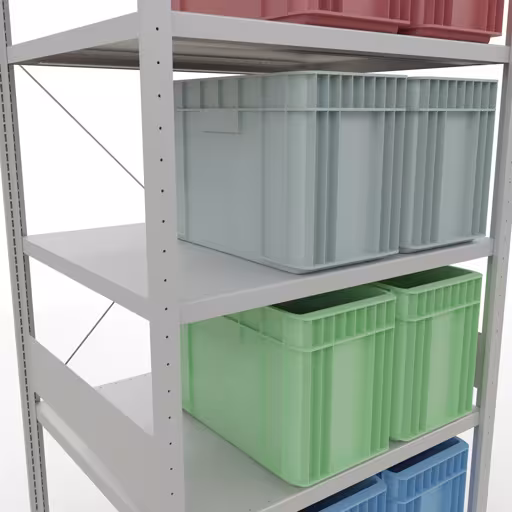 Zusatzbild des Artikels Grundregal, Fachbodenregal Stecksystem MULTIplus250, 3000 x 1000 x 800 mm (HxBxT), 7 Fachböden, Kreuzstrebe, RAL 7035 lichtgrau aus Grundregal