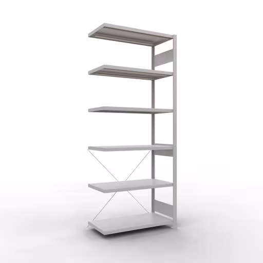Anbauregal, Fachbodenregal Stecksystem MULTIplus330, 2500 x 1000 x 500 mm (HxBxT), 6 Fachböden, Kreuzstrebe, RAL 7035 lichtgrau aus der Kategorie Anbauregal mit der Artikelnummer 33856