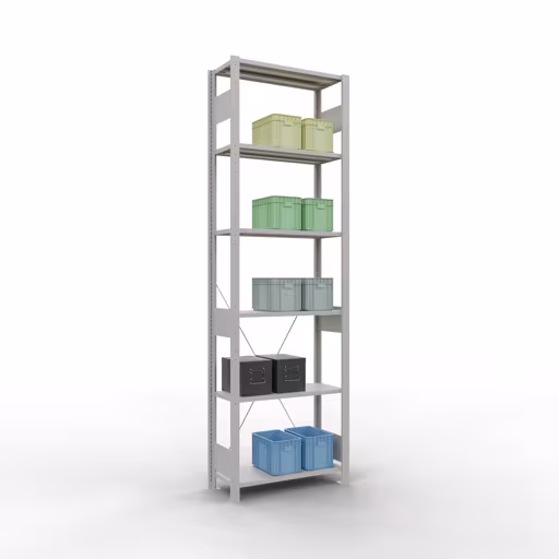 Grundregal, Fachbodenregal Stecksystem MULTIplus150, 2500 x 750 x 300 mm (HxBxT), 6 Fachböden, Kreuzstrebe, RAL 7035 lichtgrau mit der Artikelnr. 32631-75 Grundregal, Fachbodenregal Stecksystem MULTIplus150, 2500 x 750 x 300 mm (HxBxT), 6 Fachböden, Kreuzstrebe, RAL 7035 lichtgrau von Schulte Lagertechnik aus der Kategorie Stecksystem