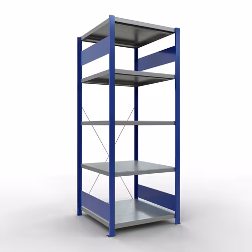 Grundregal, Fachbodenregal Stecksystem MULTIplus250, 2000 x 750 x 800 mm (HxBxT), 5 Fachböden, Kreuzstrebe, RAL 5010 enzianblau/verzinkt/verzinkt aus der Kategorie Grundregal mit der Artikelnummer 12980-75-B