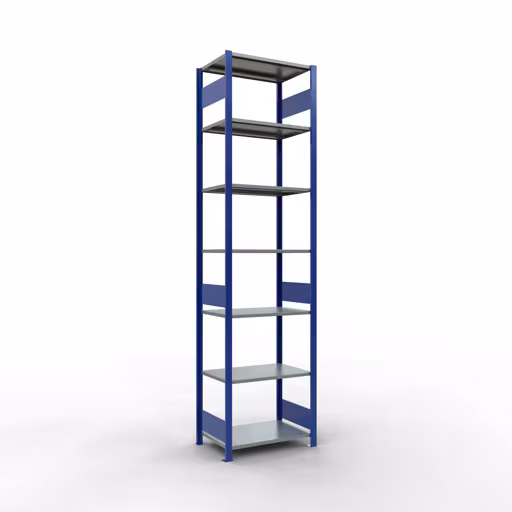 Grundregal, Fachbodenregal Stecksystem MULTIplus150, 3000 x 750 x 500 mm (HxBxT), 7 Fachböden, Längenriegel, RAL 5010 enzianblau/verzinkt/verzinkt aus der Kategorie Grundregal mit der Artikelnummer 12752-75-LR-B