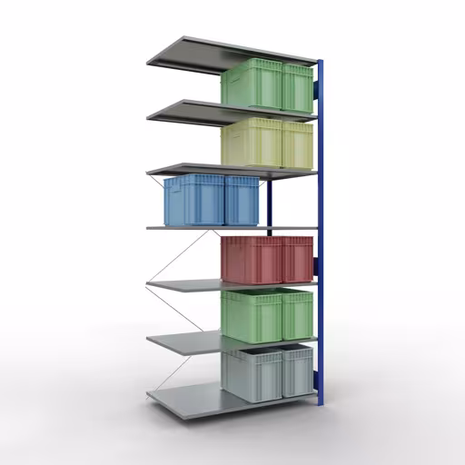 Anbauregal, Fachbodenregal Stecksystem MULTIplus150, 3000 x 1300 x 800 mm (HxBxT), 7 Fachböden, Kreuzstrebe, RAL 5010 enzianblau/verzinkt von Schulte Lagertechnik mit der Artikelnr. 12787-130-B