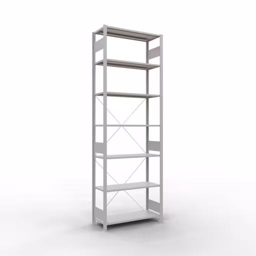 Grundregal, Fachbodenregal Stecksystem MULTIplus85, 3000 x 1000 x 400 mm (HxBxT), 7 Fachböden, Kreuzstrebe, RAL 7035 lichtgrau aus der Kategorie Grundregal mit der Artikelnummer 33042