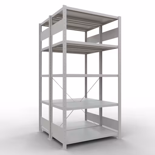 Grundregal, Doppelregal, Fachbodenregal Stecksystem MULTIplus250, 2000 x 1000 x (2x500) mm (HxBxT), 2x5 Fachböden, Kreuzstrebe, RAL 7035 lichtgrau aus der Kategorie Doppelregale mit der Artikelnummer 32150-G