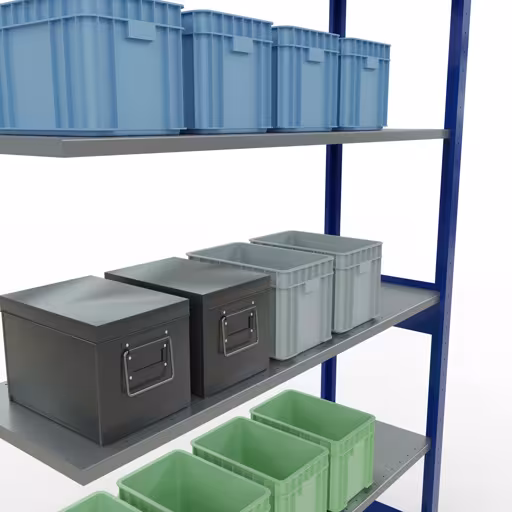 Produktbild Nr.7 des Artikels Anbauregal, Fachbodenregal Stecksystem MULTIplus150, 2500 x 1300 x 400 mm (HxBxT), 6 Fachböden, Längenriegel, RAL 5010 enzianblau/verzinkt aus der Produktreihe Stecksystem von der Marke Schulte Lagertechnik