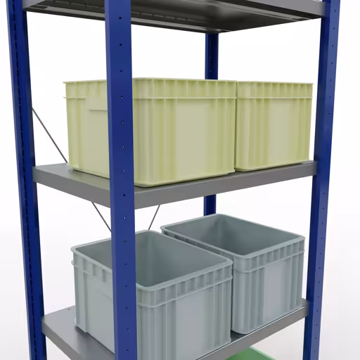 Abbildung Nr 12 des Artikels Grundregal, Fachbodenregal Stecksystem MULTIplus250, 2000 x 750 x 500 mm (HxBxT), 5 Fachböden, Kreuzstrebe, RAL 5010 enzianblau/verzinkt/verzinkt aus der Produktgruppe Stecksystem von der Marke Schulte Lagertechnik
