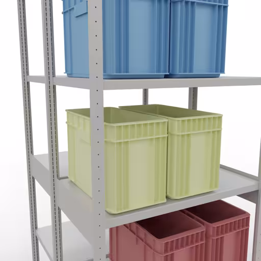 Produktbild Nr.13 des Artikels Grundregal, Doppelregal, Fachbodenregal Stecksystem MULTIplus250, 3000 x 1000 x (2x600) mm (HxBxT), 2x7 Fachböden, Längenriegel, RAL 7035 lichtgrau aus der Produktreihe Fachbodenregale von der Marke Schulte Lagertechnik