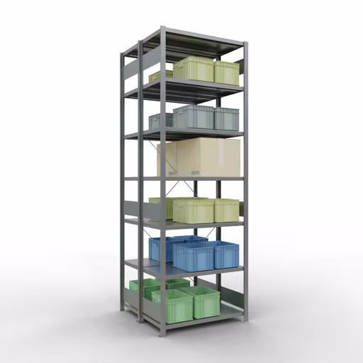 Zusatzbild des Artikels Grundregal, Doppelregal, Fachbodenregal Stecksystem MULTIplus250, 3000 x 1000 x (2x500) mm (HxBxT), 2x7 Fachböden, Kreuzstrebe, verzinkt aus Doppelregale