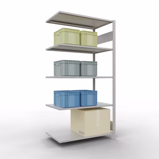 Andere Ansicht des Artikels Anbauregal, Fachbodenregal Stecksystem MULTIplus150, 2000 x 1000 x 600 mm (HxBxT), 5 Fachböden, Längenriegel, RAL 7035 lichtgrau aus der Kategorie Anbauregal