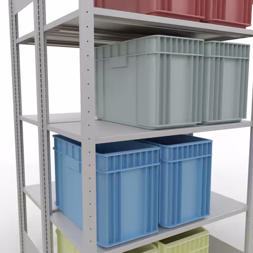 Andere Ansicht des Artikels Grundregal, Doppelregal, Fachbodenregal Stecksystem MULTIplus150, 2000 x 1000 x (2x500) mm (HxBxT), 2x5 Fachböden, Längenriegel, RAL 7035 lichtgrau aus der Kategorie Fachbodenregale