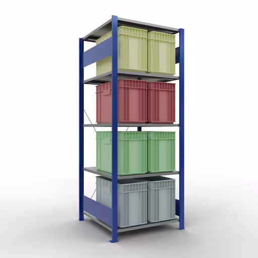 Grundregal, Fachbodenregal Stecksystem MULTIplus150, 2000 x 750 x 800 mm (HxBxT), 5 Fachböden, Kreuzstrebe, RAL 5010 enzianblau/verzinkt/verzinkt von Schulte Lagertechnik mit der Artikelnr. 12780-75-B