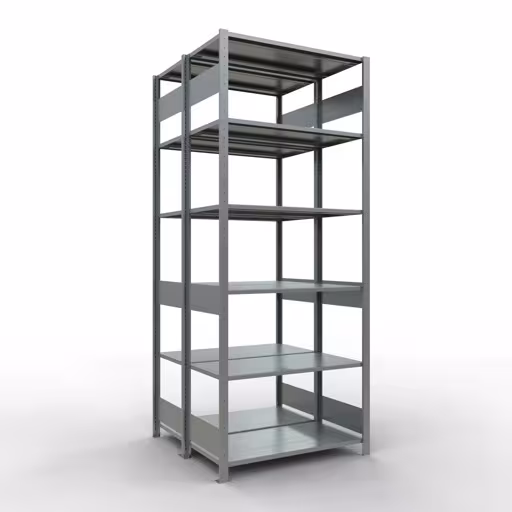 Grundregal, Doppelregal, Fachbodenregal Stecksystem MULTIplus150, 2500 x 1000 x (2x500) mm (HxBxT), 2x6 Fachböden, Längenriegel, verzinkt aus der Kategorie Doppelregale mit der Artikelnummer 17851