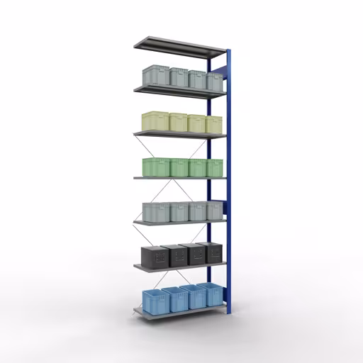 Anbauregal, Fachbodenregal Stecksystem MULTIplus85, 3000 x 1000 x 400 mm (HxBxT), 7 Fachböden, Kreuzstrebe, RAL 5010 enzianblau von Schulte Lagertechnik mit der Artikelnr. 13147-B
