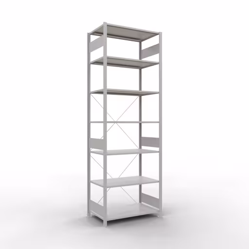 Grundregal, Fachbodenregal Stecksystem MULTIplus150, 3000 x 1000 x 600 mm (HxBxT), 7 Fachböden, Kreuzstrebe, RAL 7035 lichtgrau aus der Kategorie Grundregal mit der Artikelnummer 32662