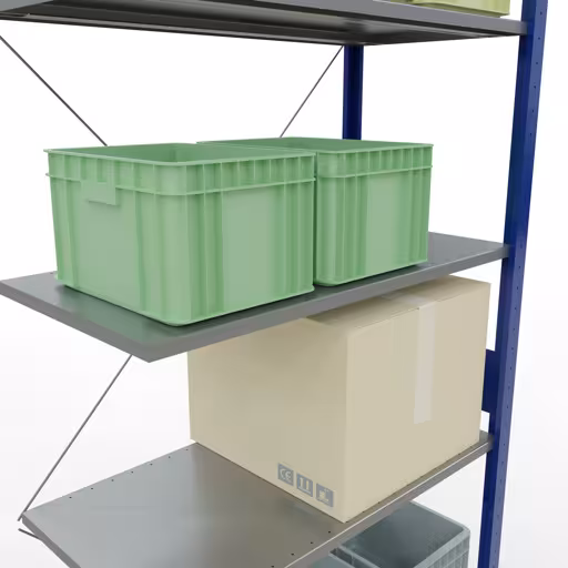 Abbildung Nr 13 des Artikels Anbauregal, Fachbodenregal Stecksystem MULTIplus85, 3000 x 1000 x 500 mm (HxBxT), 7 Fachböden, Kreuzstrebe, RAL 5010 enzianblau aus der Produktgruppe Stecksystem von der Marke Schulte Lagertechnik