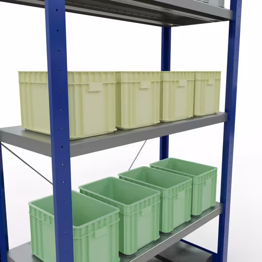 Abbildung Nr 12 des Artikels Grundregal, Fachbodenregal Stecksystem MULTIplus330, 2000 x 1000 x 400 mm (HxBxT), 5 Fachböden, Kreuzstrebe, RAL 5010 enzianblau/verzinkt aus der Produktgruppe Stecksystem von der Marke Schulte Lagertechnik