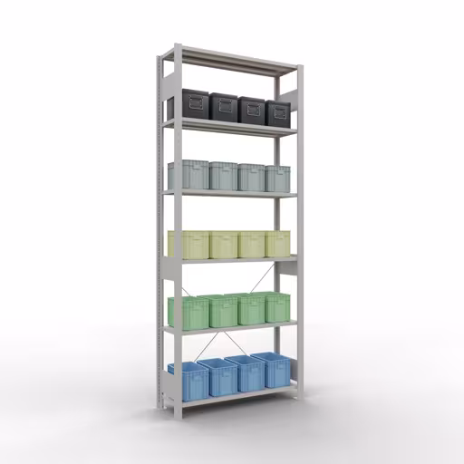 Abbildung Nr 13 des Artikels Grundregal, Fachbodenregal Stecksystem MULTIplus150, 2500 x 1000 x 300 mm (HxBxT), 6 Fachböden, Kreuzstrebe, RAL 7035 lichtgrau aus der Produktgruppe Stecksystem von der Marke Schulte Lagertechnik