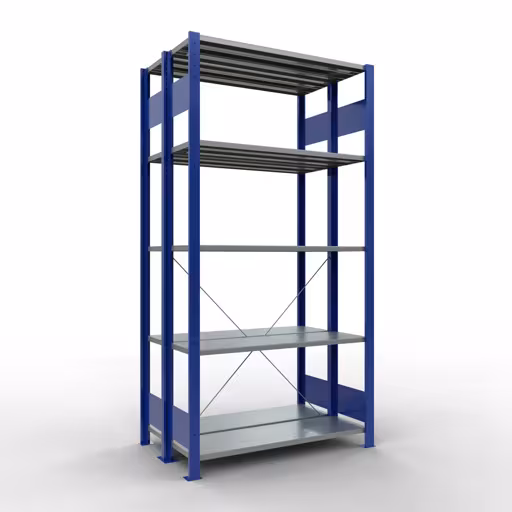 Grundregal, Doppelregal, Fachbodenregal Stecksystem MULTIplus150, 2000 x 1000 x (2x300) mm (HxBxT), 2x5 Fachböden, Kreuzstrebe, RAL 5010 enzianblau aus der Kategorie Doppelregale mit der Artikelnummer 32730-B