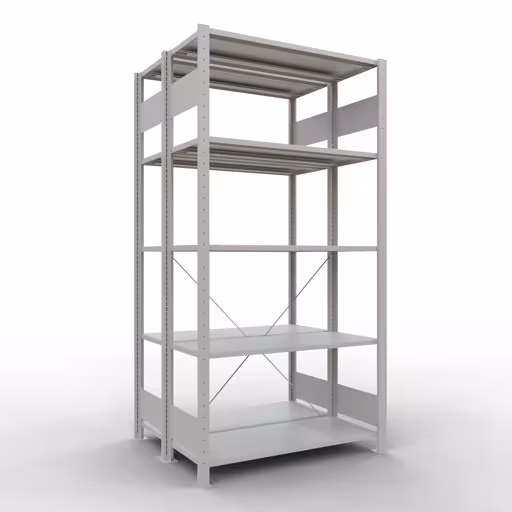 Abbildung Nr 9 des Artikels Grundregal, Doppelregal, Fachbodenregal Stecksystem MULTIplus150, 2000 x 1000 x (2x400) mm (HxBxT), 2x5 Fachböden, Kreuzstrebe, RAL 7035 lichtgrau aus der Produktgruppe Fachbodenregale von der Marke Schulte Lagertechnik