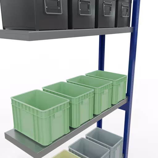 Abbildung Nr 15 des Artikels Anbauregal, Fachbodenregal Stecksystem MULTIplus250, 3000 x 1000 x 300 mm (HxBxT), 7 Fachböden, Längenriegel, RAL 5010 enzianblau/verzinkt aus der Produktgruppe Stecksystem von der Marke Schulte Lagertechnik