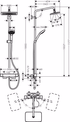 Technische Zeichnung 4070095 Hansgrohe Showerpipe Croma E 280 1jet chrom mit Brausethermostat
