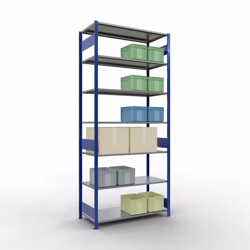 Zusatzbild des Artikels Grundregal, Fachbodenregal Stecksystem MULTIplus150, 3000 x 1300 x 600 mm (HxBxT), 7 Fachböden, Längenriegel, RAL 5010 enzianblau/verzinkt Zusatzbild des Artikels Grundregal, Fachbodenregal Stecksystem MULTIplus150, 3000 x 1300 x 600 mm (HxBxT), 7 Fachböden, Längenriegel, RAL 5010 enzianblau/verzinkt aus Grundregal