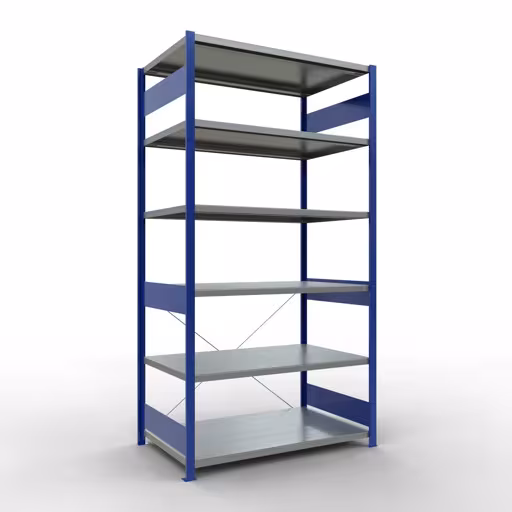 Grundregal, Fachbodenregal Stecksystem MULTIplus250, 2500 x 1300 x 800 mm (HxBxT), 6 Fachböden, Kreuzstrebe, RAL 5010 enzianblau/verzinkt aus der Kategorie Grundregal mit der Artikelnummer 12981-130-B