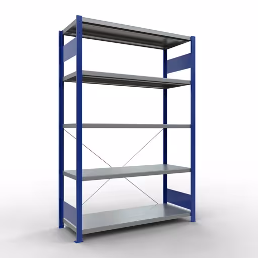 Grundregal, Fachbodenregal Stecksystem MULTIplus250, 2000 x 1300 x 500 mm (HxBxT), 5 Fachböden, Kreuzstrebe, RAL 5010 enzianblau/verzinkt aus der Kategorie Grundregal mit der Artikelnummer 12950-130-B