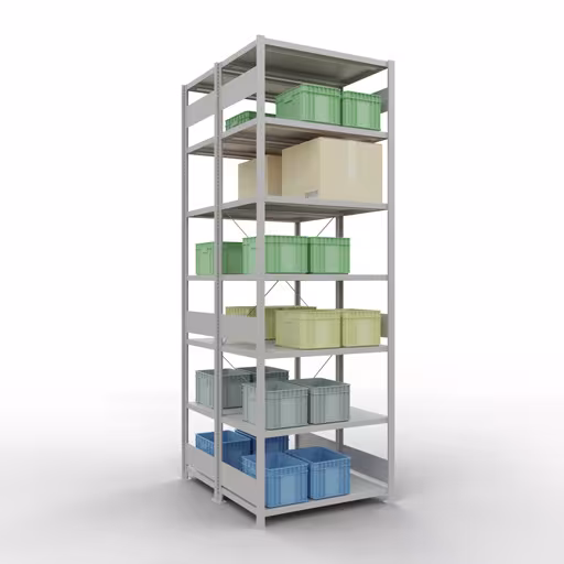 Grundregal, Doppelregal, Fachbodenregal Stecksystem MULTIplus250, 3000 x 1000 x (2x600) mm (HxBxT), 2x7 Fachböden, Kreuzstrebe, RAL 7035 lichtgrau von Schulte Lagertechnik mit der Artikelnr. 32162-G