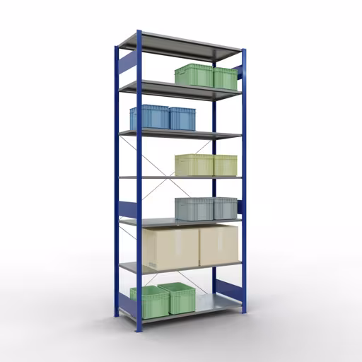 Zusatzbild des Artikels Grundregal, Fachbodenregal Stecksystem MULTIplus150, 3000 x 1300 x 600 mm (HxBxT), 7 Fachböden, Kreuzstrebe, RAL 5010 enzianblau/verzinkt aus Grundregal